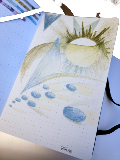 Abstract in muted slate blues and mossy greens on dot grid paper